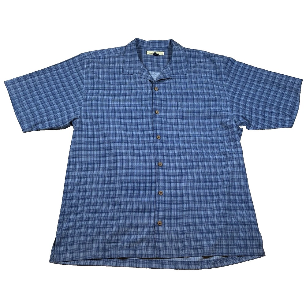 Tommy Bahama Men's L Blue Plaid Silk Button Up Shirt Resortwear Island Casual